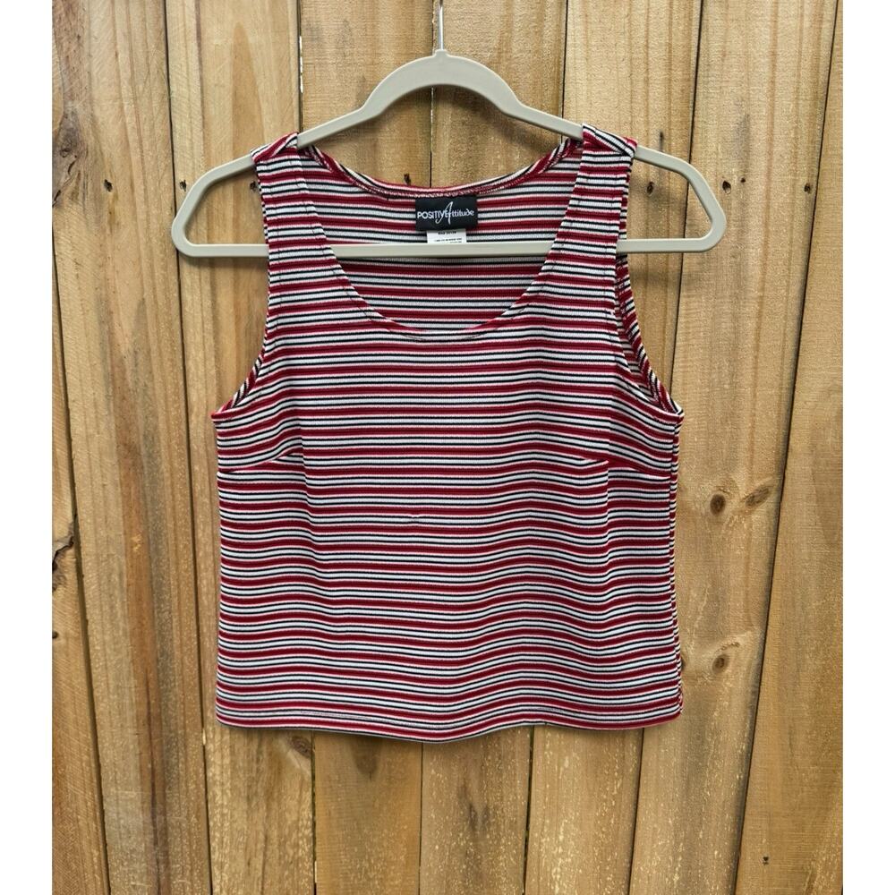 Vintage 1990s Cropped Striped Tank Positive Attitude Sz 10 Red Black Mod Grunge